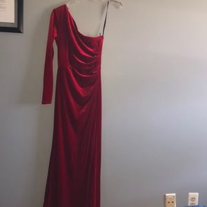 One-Sleeved Red Velvet Dress.